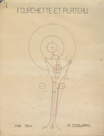66MDT3 - dessins manuscrits de Robert Coquard de fourchettes et plateaux et d'échappement à ancre à leviers équidistants (1944).