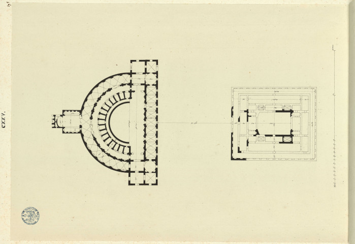 Plan du Théâtre de l'Académie à la Villa Adriana de Tivoli : reconstitution ; relevé des parties existantes / Pierre-Adrien Pâris , [S.l.] : [P.-A. Pâris], [1700-1800]