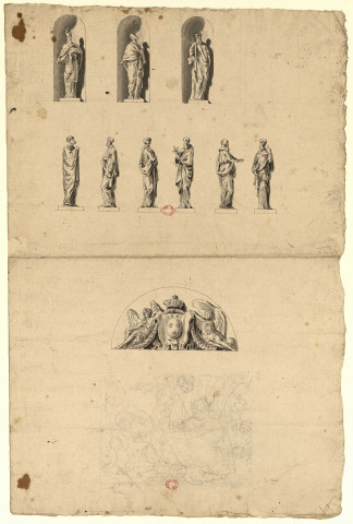 Statues en ronde-bosse et Armes de France en bas-relief [Dessin] , [S.l.] : [s.n.], [1750-1799]