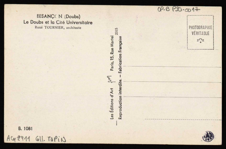 Besançon. - LE doubs et la Cité Universitaire, René Tournier, architecte [image fixe] , Paris : Les Editions d'Art Yvon Paris, 15, rue Martel, 1904/1928
