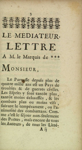Le Médiateur, lettre à M. le Marquis de * * *
