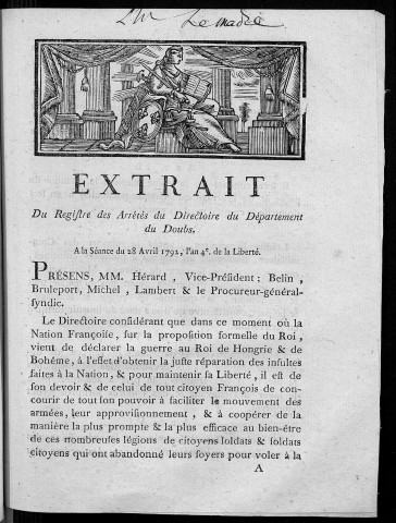 Extrait des registres des arrêtés du Directoire du département du Doubs. A la séance du 28 avril 1792, l'an 4e de la liberté