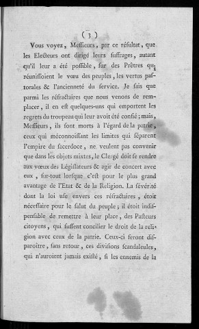 Proclamation faite par M. Monnot, en qualité de président des Electeurs du district de Besançon, des curés élus par le Corps éléctoral, les 27 et 28 Février dernie lad. proclamation faite avant la messe solennelle, chantée à cette occasion dans l'Eglise cathédrale, en présence des Electeurs des Corps administratifs et d'une partie de la Garde nationale