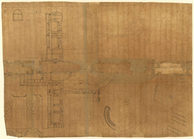 Versailles [Dessin] : projets pour la reconstruction du château : plan général (inachevé) du château de Versailles, des cours et de la partie supérieure des jardins , 1750/1799