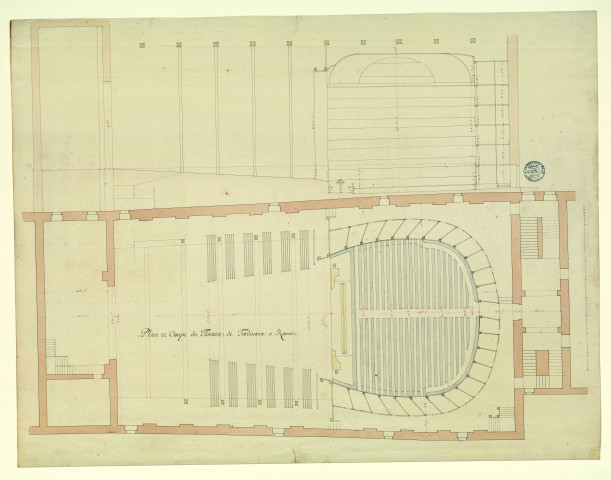 Plan et coupe du théâtre de Tordinona à Rome / Pierre-Adrien Pâris , [S.l.] : [P.-A. Pâris], [1700-1800]