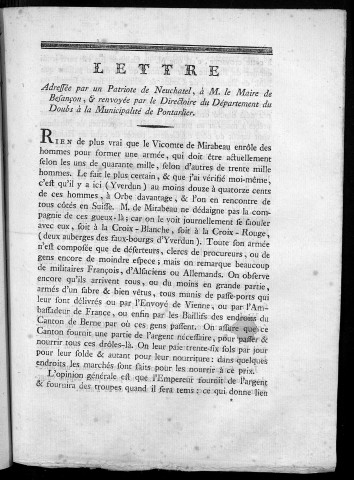 Lettre adressée par un patriote de Neuchâtel à M. le Maire de Besançon, et renvoyée par le Directoire du département du Doubs à la municipalité de Pontarlier