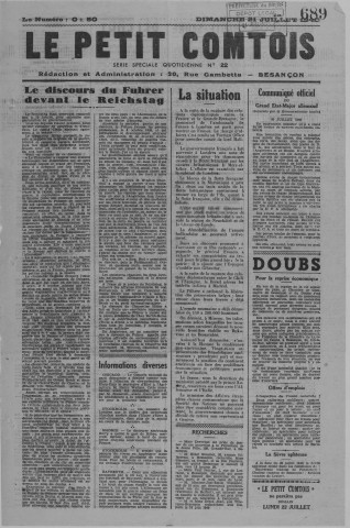 21/07/1940 - Le petit comtois [Texte imprimé] : journal républicain démocratique quotidien