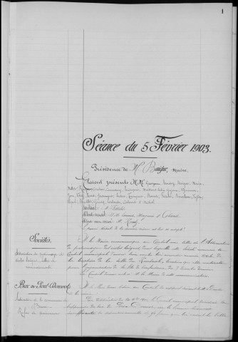 Registre des délibérations du Conseil municipal, avec table alphabétique, du 5 février 1903 au 24 juin 1904