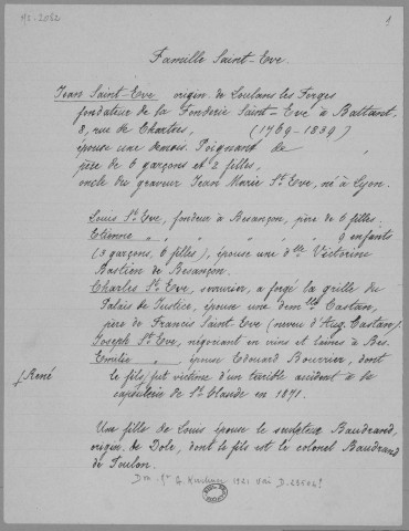 Ms 2082 - Notes et documents concernant la famille Saint-Eve et sa fonderie à Besançon.
