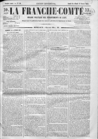 16/02/1857 - La Franche-Comté : organe politique des départements de l'Est