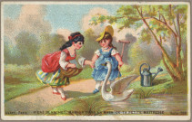 Avis de passage publicitaire de la Mercerie, passementerie, ganterie, fournitures pour tailleurs, Melle Perrin, 60 rue des Granges, Besançon, spécialité de corsets, Besançon. impr Mme Ducret Place Saint-Pierre au verso, comprenant une image au recto (1 carte) : Viens blanchet, manger dans la main de ta petite maitresse (Série 708).