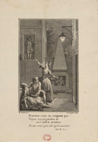 Gravure pour l'acte II scène 7 des "Deux avares" de Fenouillot de Falbaire [image fixe] / H. Gravelot inv. De Longueil sculp. , Paris, 1775/1785