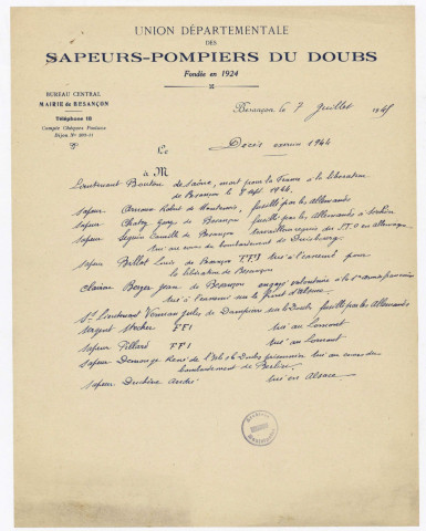 Sapeurs -Pompiers, 3H,1 (1) : Associations, manifestations : inauguration de la plaque commémorative des sapeurs-pompiers morts pour la France (1921-1923) ; Fêtes, concours (1909-1930) ; Fanfare (1913-1936) ; Union départementale des sapeurs-pompiers du Doubs (1937-1945) ; Congrès, concours, inspections (1941-1954) 3H,1 (2) : Journal des sapeurs pompiers (1926)