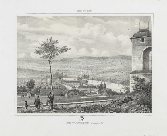 Besançon. Vue des casernes (prise de la Citadelle) [estampe] / Ravignat. del. et lith.  ; Imp. de Valluet J.ne éd.r , [Besançon] : Valluet jeune, [circa 1845]
