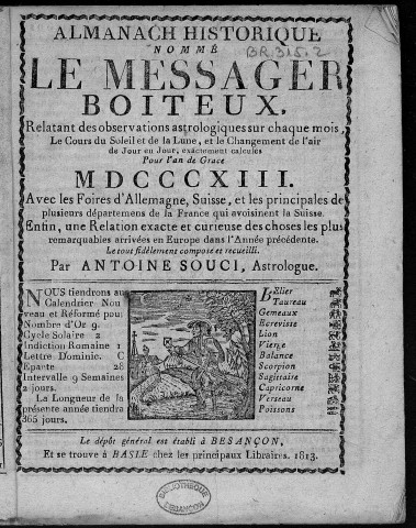 Le Véritable messager boiteux [Texte imprimé] : Fme de Basle , Besançon : Impr. Chalandre, 1811-1817