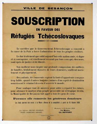 Souscription en faveur des réfugiés tchécoslovaques, affiche
