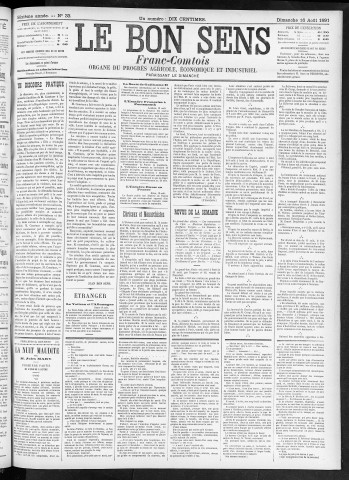 16/08/1891 - Organe du progrès agricole, économique et industriel, paraissant le dimanche [Texte imprimé] / . I