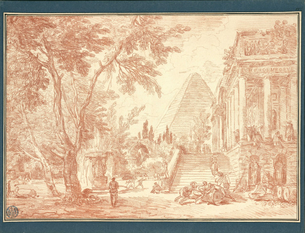 19 - Caprice architectural avec la pyramide Cestius, l'arc de Titus et le portique de la Villa Medicis , [France], [vers 1770]