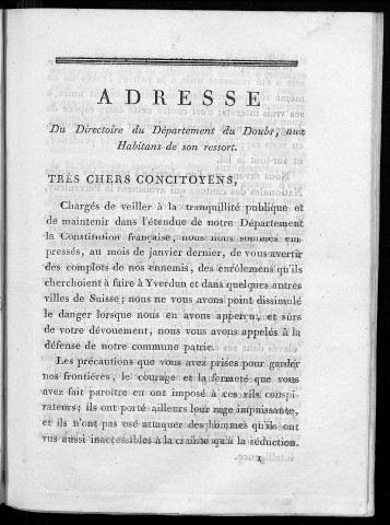 Adresse du Directoire du département du Doubs aux habitans de son ressort. Besançon, le 20 mars 1791