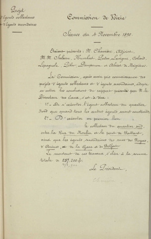 Avenue Carnot, plan du puisard (1837) ; reconstruction d'un égout : soumissions, affiche (1889) ; travaux : procès-verbal d'adjudication, dossiers de marché, soumissions, affiche (1894).