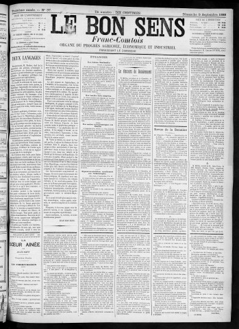 09/09/1888 - Organe du progrès agricole, économique et industriel, paraissant le dimanche [Texte imprimé] / . I