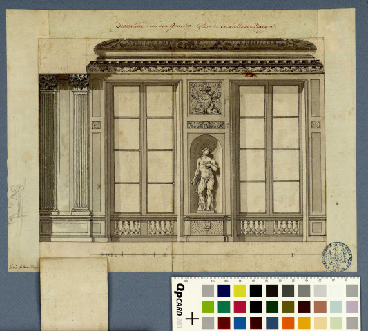 Salle à manger de M. le duc d'Aumont : décoration d'un des grands côtés / Pierre-Adrien Pâris , [S.l.] : [P.-A. Pâris], [1700-1800]