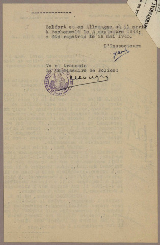 Guerre 1939-1945 : Déportés : demandes d'enquêtes ; fiches d'enquêtes ; presse, instruction, listes ; Enquête sur les déportés politiques et les travailleurs requis