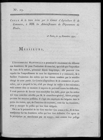 Copie de la lettre écrité par le comité d'agriculture et de commerce à MM. les administrateurs du département du Doubs. A Paris, le 14 novembre 1790 [Signé : Et. Meynier]