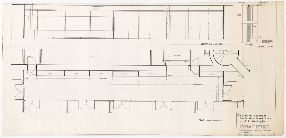 Musée des Beaux-Arts, aménagement de la galerie des faïences (niveau 3) : plan d'élévation et coupes (architectes : C. Bizouard et F. Pin).