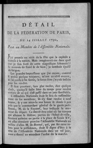 Détail de la fédération de Paris du 14 juillet 1790 par un membre de l'Assemblée Nationale