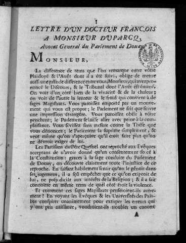 Lettre d'un docteur françois à Monsieur Duparcq... [18 Novembre 1716]