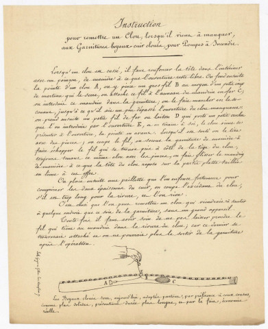 Sapeurs-pompiers. Matériel. Armement : contrôles (1844-1851) ; Equipement : prix courant de fournitures diverse, adjudications, procès ... (1802-1872) ; Matériel d'incendie, pompes accessoires, bouches d'incendie, dépôt de matériel ... (1791-1861)