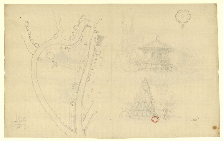 Pavillons conique et circulaire en bois et Plan topographique [Dessin] , [S.l.] : [s.n.], [1750-1799]