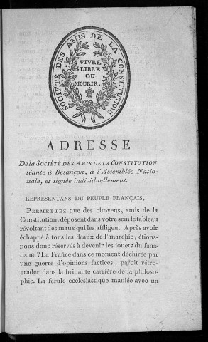 Adresse de la Société des Amis de la Constitution séante à Besançon. à l'Assemblée Nationale et signée individuellement