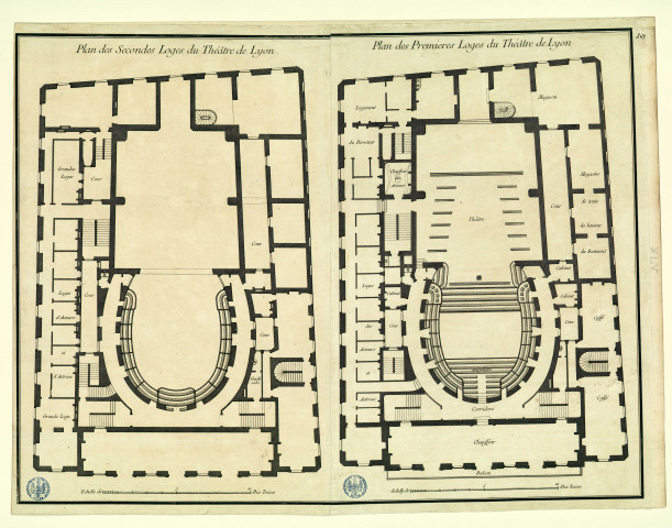 Plan des premières loges du théâtre de Lyon ; plan des secondes loges du théatre de Lyon / [d'après les dessins de J.-G. Soufflot] , [S.l.] : [S.n.], [1700-1800]