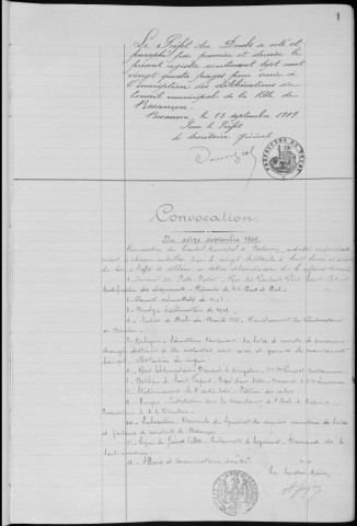 Registre des délibérations du Conseil municipal, avec table alphabétique, du 16 septembre 1909 au 12 juillet 1910