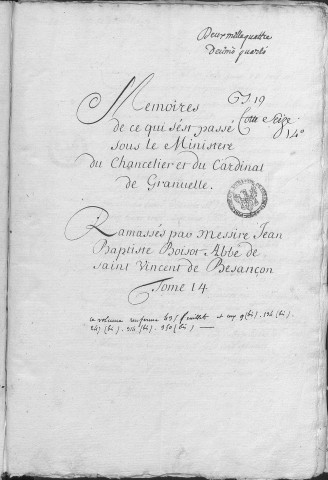 Ms Granvelle 14 - « Mémoires de ce qui s'est passé sous le ministère du chancelier et du cardinal de Granvelle... Tome XIV. » (1er septembre-31 octobre 1564)