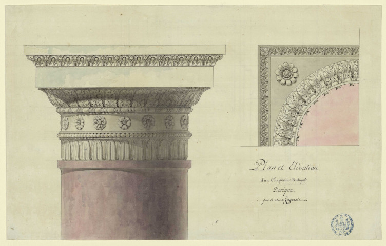 Plan et élévation d'un chapiteau antique dorique qui se voit à Zagarolo / Pierre-Adrien Pâris , [S.l.] : [P.-A. Pâris], [1700 - 1800]