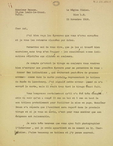 Ms Z 639-1551 - Lettre de Henri Matisse adressée à George Besson, datée du 10 novembre 1938.