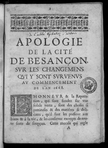 Apologie de la cité de Besançon sur les changemens qui y sont survenus au commencement de l'an 1668