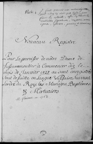 Paroisse de Notre Dame de Jussa-Mouthier : baptêmes (naissances), mariages, sépultures (décès) (7 janvier 1727 - 27 janvier 1769)