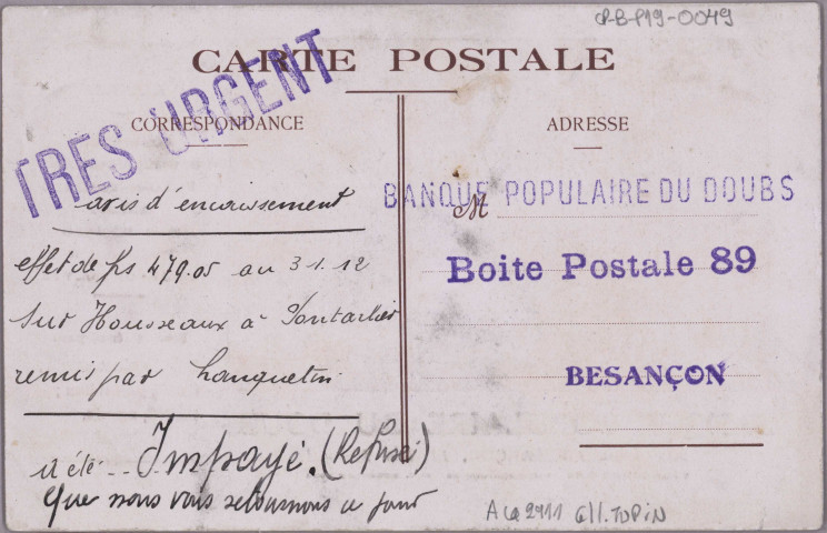 Banque Populaire du Doubs - Siége social : Besançon, 11, Rue Morand. [image fixe] , 1904/1930