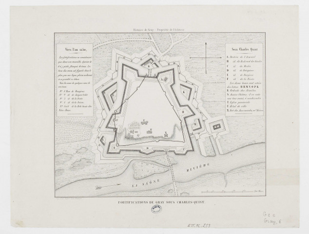 Fortifications de Gray sous Charles-Quint [estampe] / imprimé et lithographié Valluet jeune Besançon , Besançon : impr. Valluet jeune, [1800-1899]