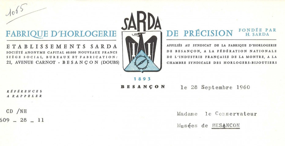 Entreprise Sarda, fabrique d'horlogerie de précision (Besançon) : lettre sur papier à en-tête en couleurs.