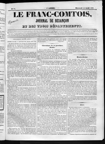 16/04/1845 - Le Franc-comtois - Journal de Besançon et des trois départements