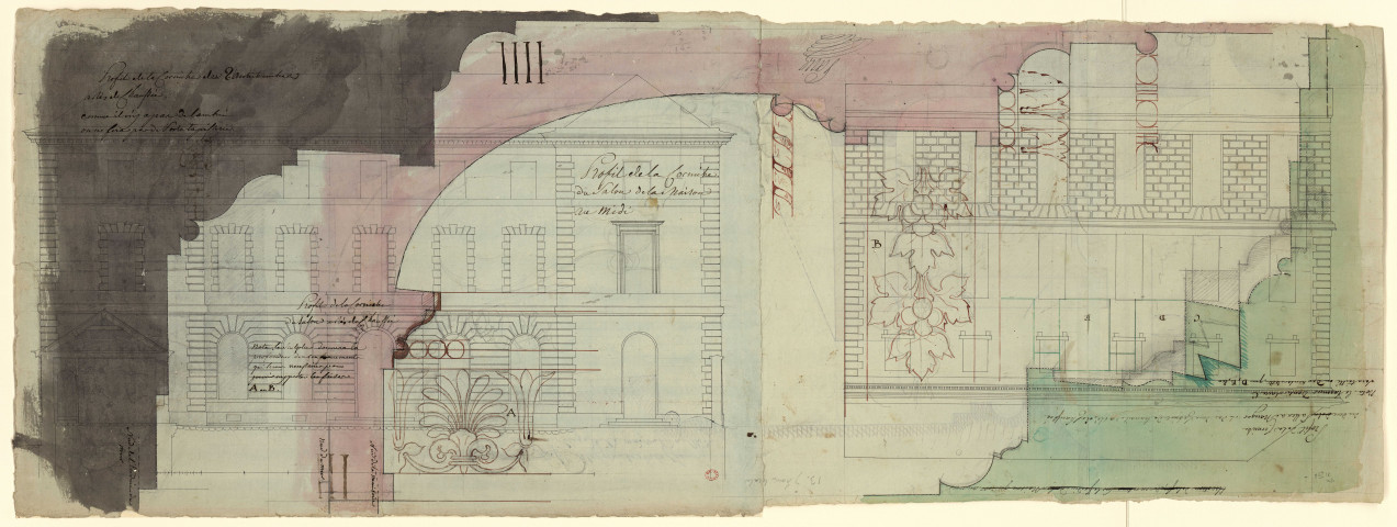 Hôtels Tassin de Villiers et Tassin de Moncourt, à Orléans. Esquisses de profils et élévations / Pierre-Adrien Pâris , [S.l.] : [P.-A. Pâris], [1791]