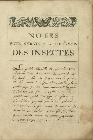 Ms 447 - « Notes pour servir à l'histoire des insectes, avec des figures coloriées, par A. J. C***. 1re partie : Chenilles et papillons. 1796 »