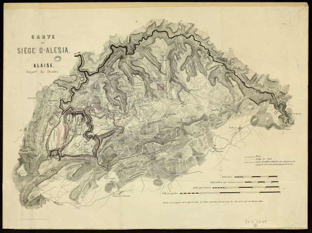 Carte du siège d'Alésia, Alaise, département du Doubs. 5 kilomètres. [Document cartographique] , Besançon : imp. lith. Dodivers, 1875/1899