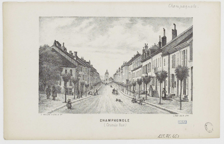 Champagnole (Grande Rue) [estampe] / L. Clos del & lith.  ; J. Declume à Lons-Le-Sr , Lons-le-Saunier : J. Declume, [1800-1899]