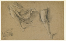 Etude d'une jambe avec un drapé, reprise de la jambe seule, étude d'un bras tenant une épée (recto) ; Etude des jambes drapées d'un personnage assis, vu de face (verso)